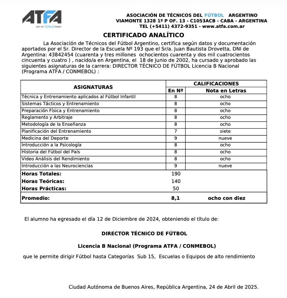 Certificado analítico ATFA / CONMEBOL de Director Técnico de Fútbol, Licencia B Nacional