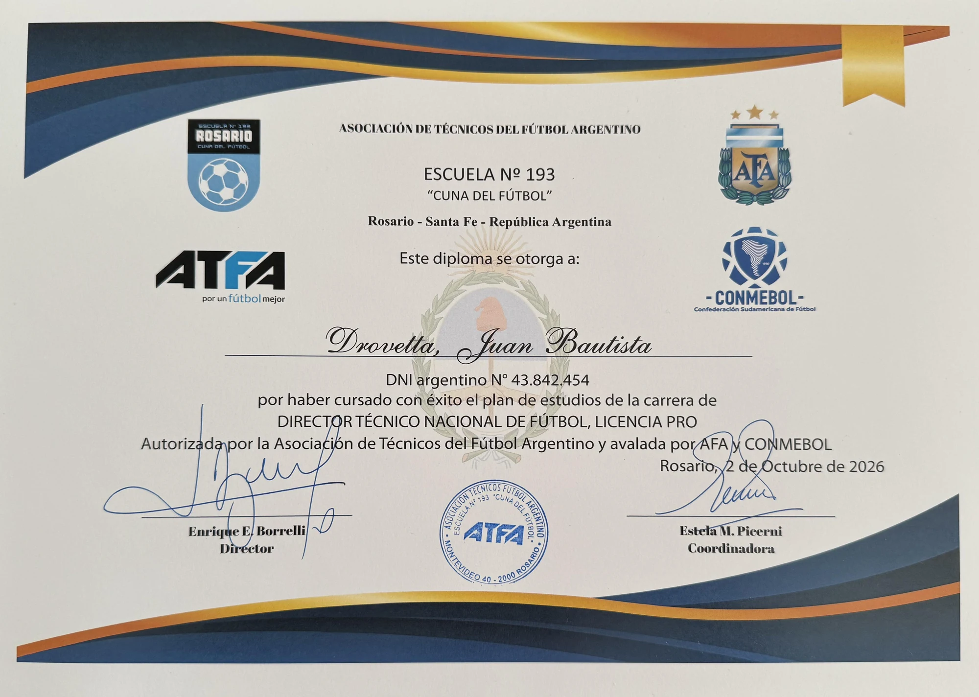 Diploma ATFA de Director Técnico Nacional de Fútbol, Licencia Pro, avalado por AFA y CONMEBOL